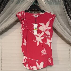 Calvin Klein White and Pink Asymmetrical Ruched Blouse